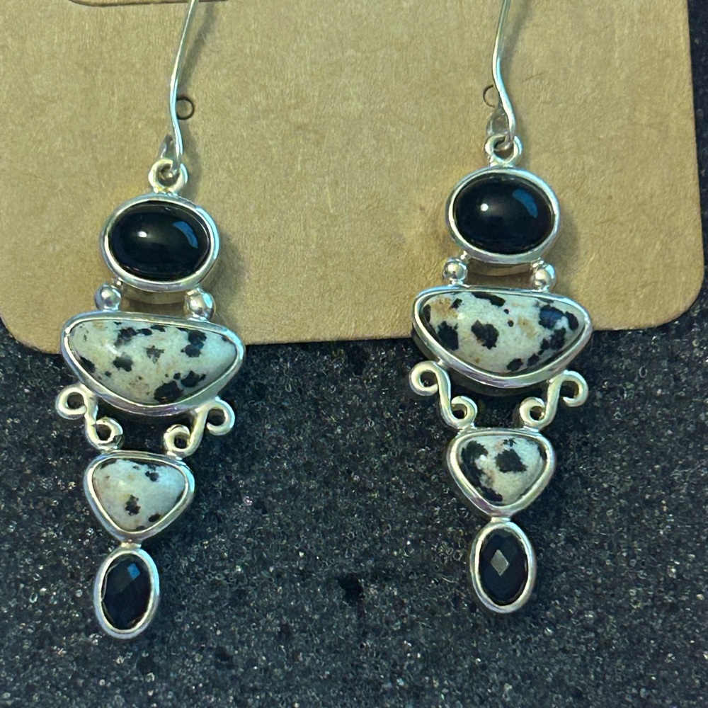 Whitney Kelly dalmation jasper and onyx 925 silver dangle earrings.